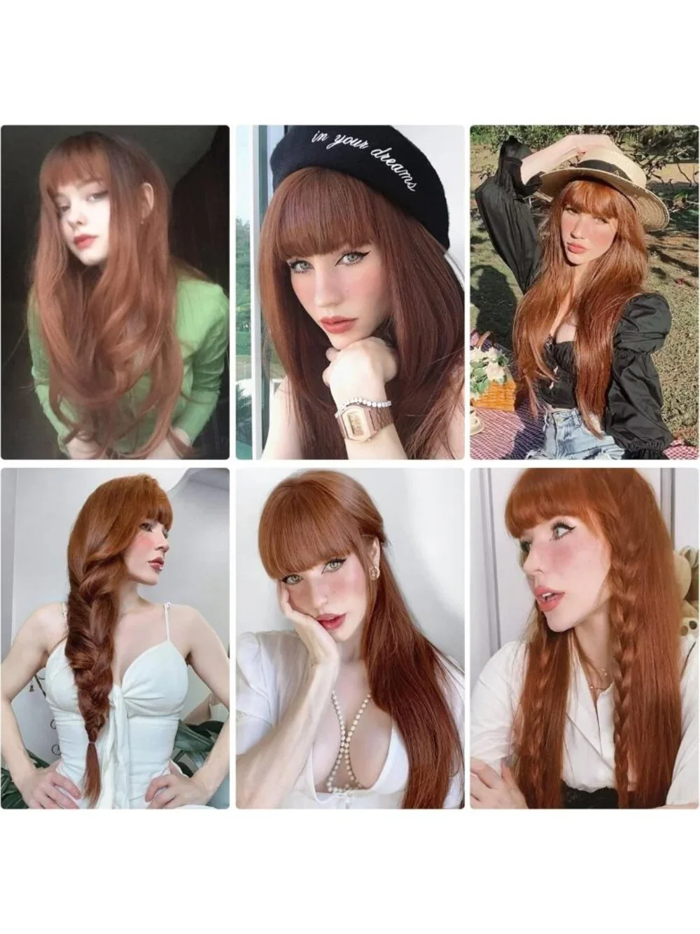 Long Auburn Curly Wig with Bangs - Layered Orange Synthetic Hair for Daily Wear